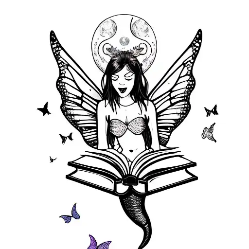 mermaid with fairy wings, reading books. butterflies. full moon tattoo design idea