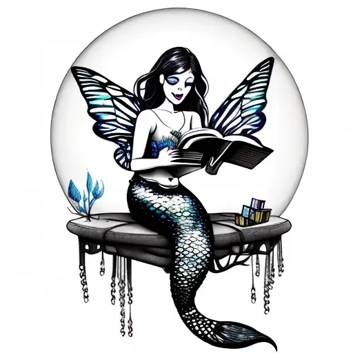 mermaid with fairy wings, reading books. butterflies. full moon tattoo design idea