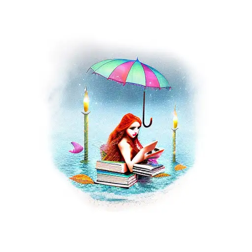 mermaid reading fairytales and magic, under an umbrella made out of books tattoo design idea