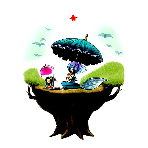 mermaid with fairy wings reading fairytales, under a magic umbrella  tattoo design idea