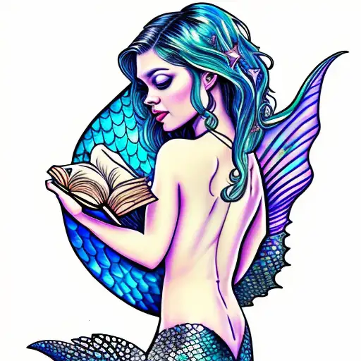 mermaid with fairy wings, reading books. butterflies. full moon. mermaid tail. magic tattoo design idea