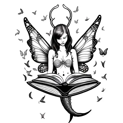 mermaid with fairy wings, reading books. butterflies. full moon tattoo design idea
