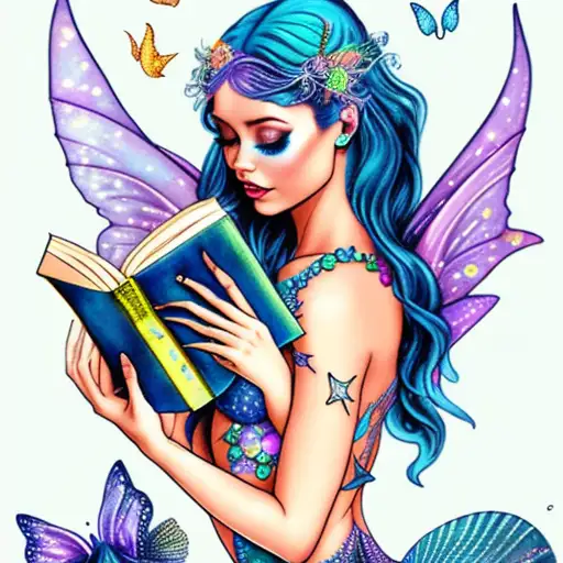 moon. mermaid with fairy wings, reading books. mermaid tail. magic, butterflies  tattoo design idea