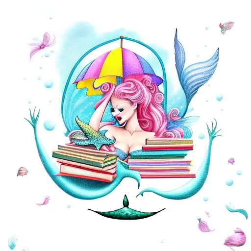 mermaid fairy reading fairytales, under an umbrella made out of books tattoo design idea