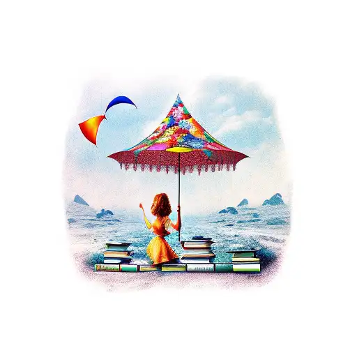 reading fairytales, under an umbrella made out of books tattoo design idea