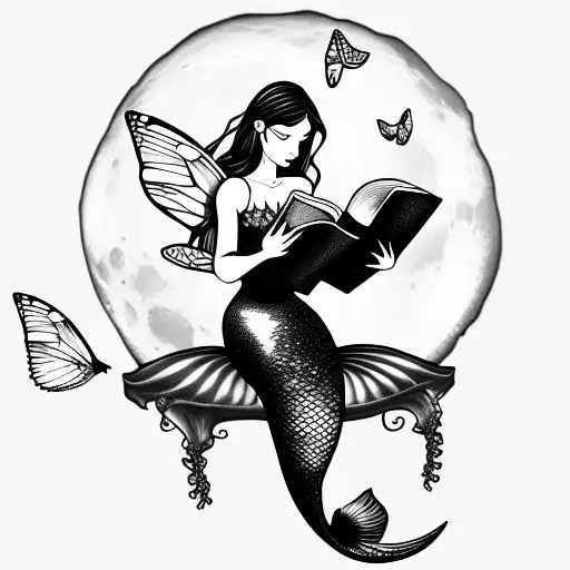mermaid with fairy wings, reading books. butterflies. full moon tattoo design idea
