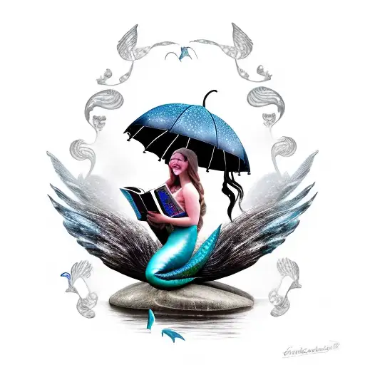 mermaid with fairy wings reading fairytales, under a magic umbrella  tattoo design idea