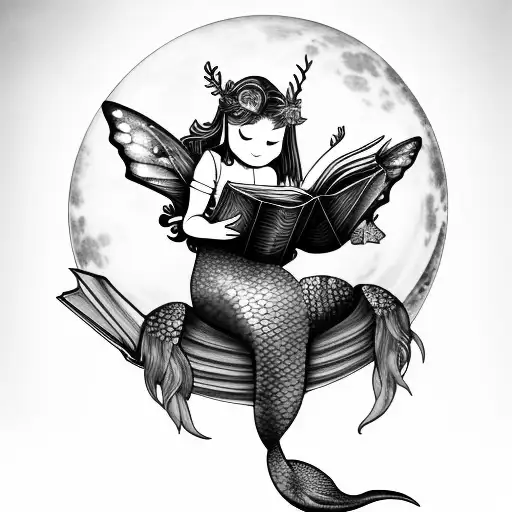 mermaid with fairy wings, reading books. butterflies. full moon tattoo design idea