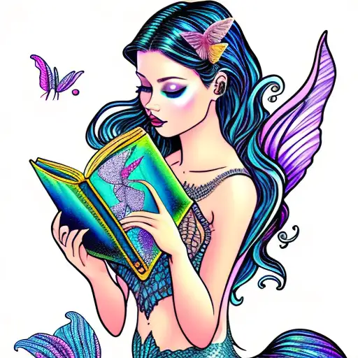 mermaid with fairy wings, reading books. butterflies. full moon. mermaid tail. magicbutterflies  tattoo design idea