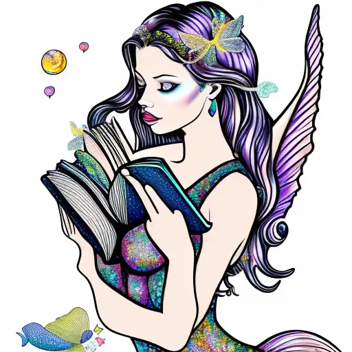 mermaid with fairy wings, reading books. butterflies. full moon. mermaid tail. magicbutterflies  tattoo design idea