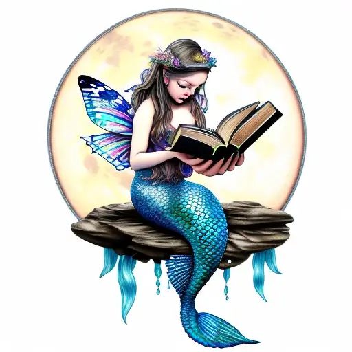 mermaid with fairy wings, reading books. butterflies. full moon tattoo design idea