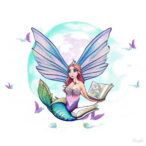 mermaid with fairy wings, reading books. butterflies. full moon. mermaid tail. magic tattoo design idea