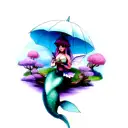 mermaid with fairy wings reading fairytales, under a magic umbrella  tattoo design idea