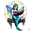 mermaid with fairy wings, reading books. butterflies. full moon tattoo design idea