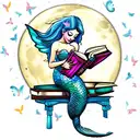 mermaid with fairy wings, reading books. butterflies. full moon tattoo design idea