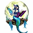 mermaid with fairy wings, reading books. butterflies. full moon tattoo design idea