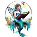 mermaid with fairy wings, reading books. butterflies. full moon tattoo design idea