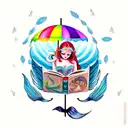 mermaid with fairy wings reading fairytales, under an umbrella made out of books tattoo design idea