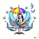 mermaid with fairy wings reading fairytales, under an umbrella made out of books tattoo design idea