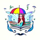 mermaid with fairy wings reading fairytales, under an umbrella made out of books tattoo design idea