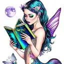 moon. mermaid with fairy wings, reading books. mermaid tail. magic, butterflies  tattoo design idea