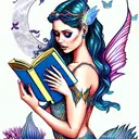 moon. mermaid with fairy wings, reading books. mermaid tail. magic, butterflies  tattoo design idea
