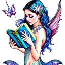 moon. mermaid with fairy wings, reading books. mermaid tail. magic, butterflies  tattoo design idea