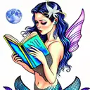 moon. mermaid with fairy wings, reading books. mermaid tail. magic, butterflies  tattoo design idea