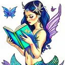 moon. mermaid with fairy wings, reading books. mermaid tail. magic, butterflies  tattoo design idea
