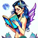 moon. mermaid with fairy wings, reading books. mermaid tail. magic, butterflies  tattoo design idea