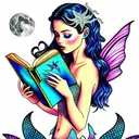moon. mermaid with fairy wings, reading books. mermaid tail. magic, butterflies  tattoo design idea