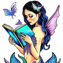 moon. mermaid with fairy wings, reading books. mermaid tail. magic, butterflies  tattoo design idea