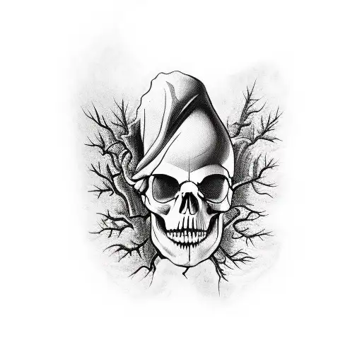 full arm sleeve right arm, cover up, skull on shoulder, dark, trees on top trough the skull. stairs under the skull to t tattoo design idea