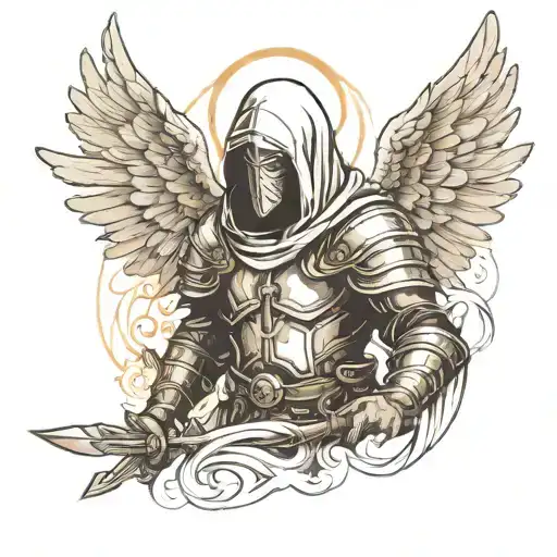 A warrior angel with a hood. Head slightly arched forward. Angel with armor. Wings half-open. Floating in the air tattoo design idea