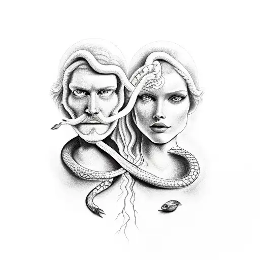Adam and eve with an apple with a snake on it tattoo design idea