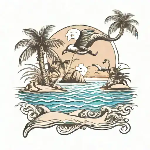 beach palm trees flamingo and a dolphin swimming tattoo design idea