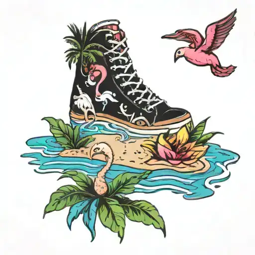 ankle tattoo with a beach a flamingo a dolphin and palm trees tattoo design idea