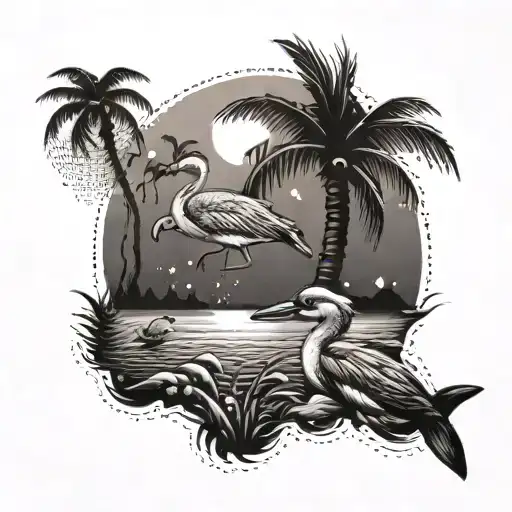 beach palm trees flamingo and a dolphin swimming tattoo design idea