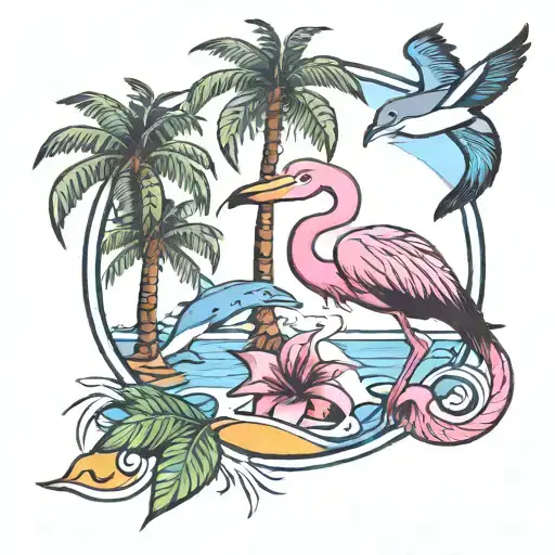beach palm trees flamingo and a dolphin swimming tattoo design idea