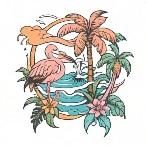 beach palm trees flamingo and a dolphin swimming tattoo design idea