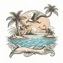 beach palm trees flamingo and a dolphin swimming tattoo design idea