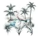 beach palm trees flamingo and a dolphin swimming tattoo design idea