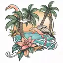 beach palm trees flamingo and a dolphin swimming tattoo design idea