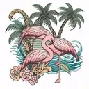 beach palm trees flamingo and a dolphin swimming tattoo design idea