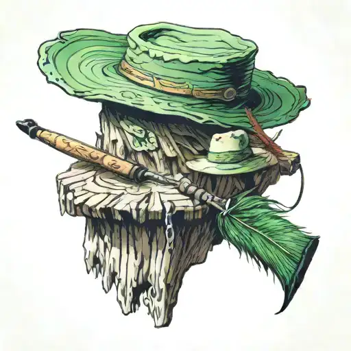 3 items resting on an old tree stump: one green wide-brimmed hat with a feather in it, one harmonica, one pipe tattoo design idea