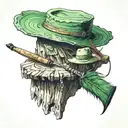 3 items resting on an old tree stump: one green wide-brimmed hat with a feather in it, one harmonica, one pipe tattoo design idea
