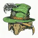 3 items resting on an old tree stump: one green wide-brimmed hat with a feather in it, one harmonica, one pipe tattoo design idea