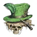 3 items resting on an old tree stump: one green wide-brimmed hat with a feather in it, one harmonica, one pipe tattoo design idea