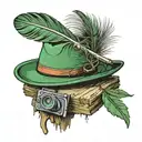 3 items resting on an old tree stump: one green wide-brimmed hat with a feather in it, one harmonica, one pipe tattoo design idea
