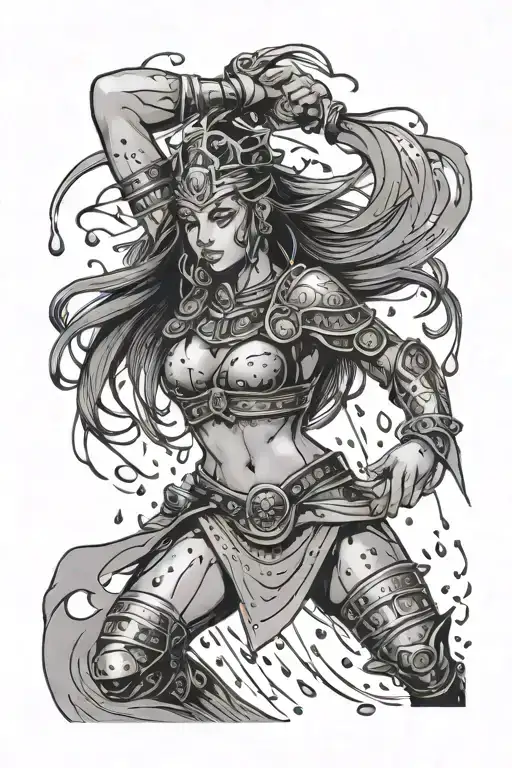 female warrior dancing in rain drops tattoo design idea